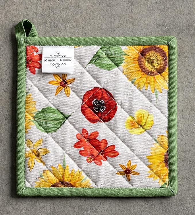 Maison d' Hermine Pot Holders Set 100% Cotton Heat Resistant Potholders 8" x 8" Hot Pads with Loop BBQ, Cooking, Baking, Grilling, Kitchen, Handling Hot Pans Spring/Summer (Pack of 2, Basse Cour)
