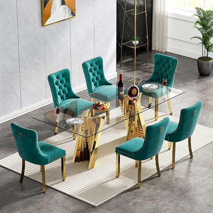 7 Piece Dining Table Set with 6 Green Dining Chairs, Modern Glass Kitchen Table and Chairs Set for 6, 70" Rectangle Gold Glass Pedestal Dining Room Tables with Flash-Shape Stainless Steel Base