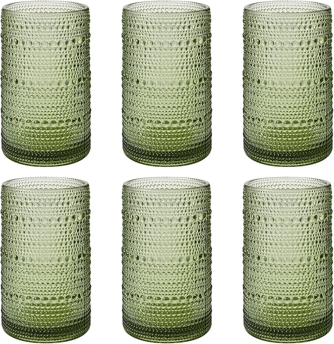 AkutaaVintage Hobnail Drinking Glasses Set of 6, 16 oz Large Capacity Embossed Green Tumblers, Highball Glasses for Water, Cocktail, Beer, Whiskey, Kitchen & Bar Use