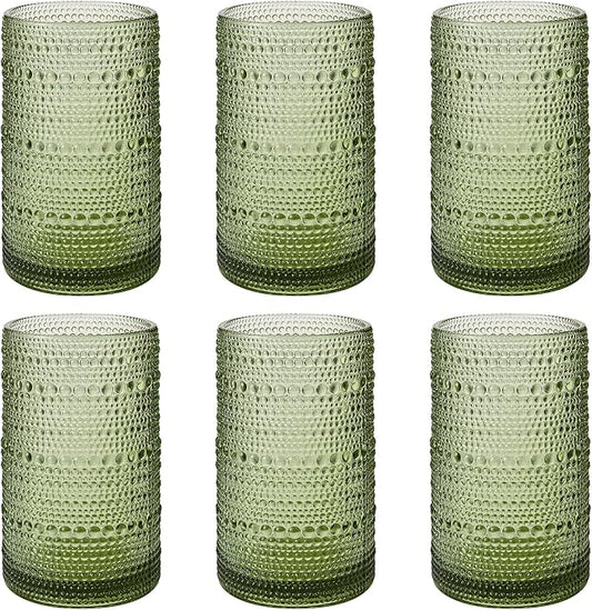 AkutaaVintage Hobnail Drinking Glasses Set of 6, 16 oz Large Capacity Embossed Green Tumblers, Highball Glasses for Water, Cocktail, Beer, Whiskey, Kitchen & Bar Use