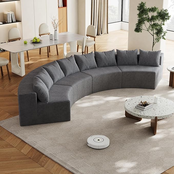 KEIKI Corduroy Curved Sectional Sofa, 4 Seater Symmetrical Modular Semi Circular Couch, Tufted Corner Sofa for Living Room, Lobby, Gray
