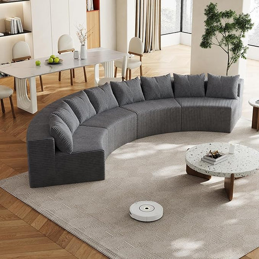 KEIKI Corduroy Curved Sectional Sofa, 4 Seater Symmetrical Modular Semi Circular Couch, Tufted Corner Sofa for Living Room, Lobby, Gray
