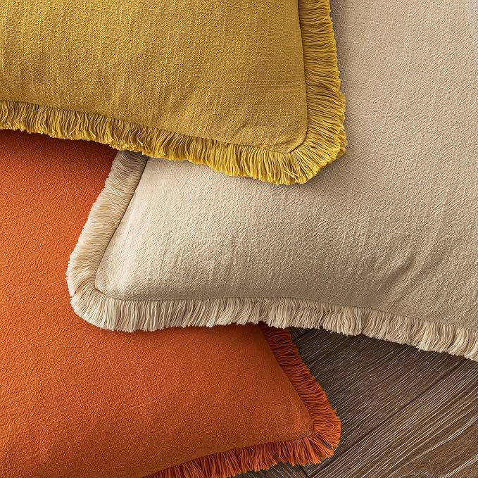 MIULEE Fall Decorative Throw Pillow Covers Neutral Linen Fringe Throw Pillows Euro Shams Set of 2 Orange Boho Farmhouse Cushion Covers for Couch Sofa Bed Living Room Spring Home Decor 22x22 Inch