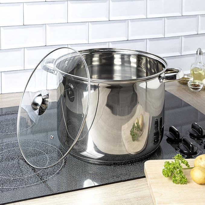 Ecolution Pure Intentions Stock Pot - Features Tempered Glass Lid, Keep Cool Handle, and Encapsulated Bottom - Oven Safe - Curbside Recyclable Stainless Steel - 16 Quarts