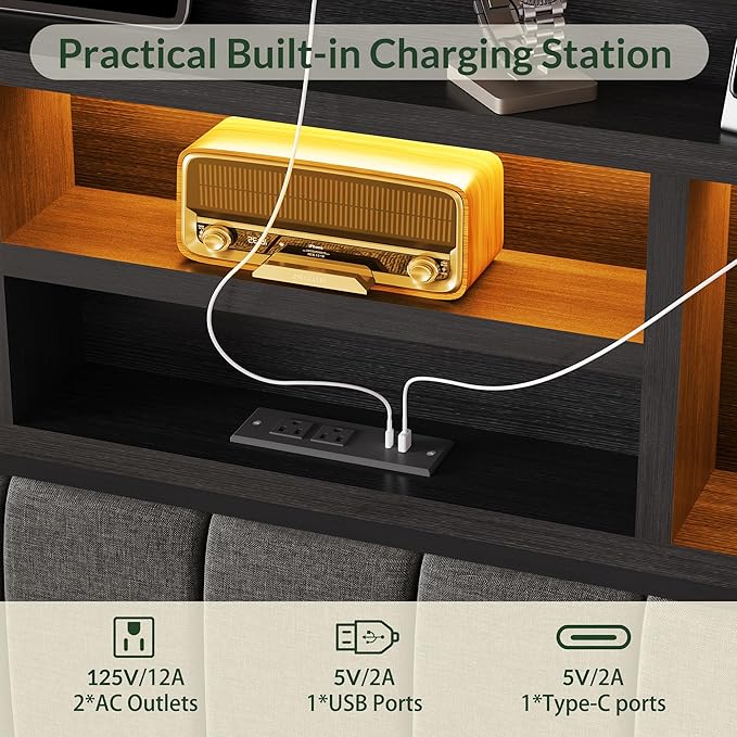 LARMACE Queen Bed Frame with 6 Storage Drawers, Bed Frame Queen Size with Linen Upholstered Headboard, Built in Charging Station and LED, No Noise, Metal Support, No Box Spring Needed,Vintage Black