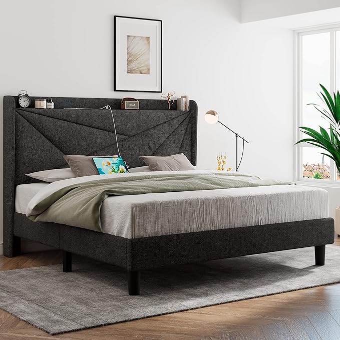 Feonase Full Bed Frame with Charging Station, Linen Upholstered Platform Bedframe with Wingback Headboard, Solid Wood Slats Support, No Box Spring Needed, Noise Free, Dark Grey