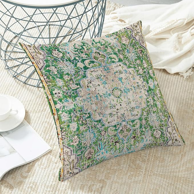 Boho Pillow Covers 18x18 Set of 2, Carpet Pattern Green Decorative Throw Pillows Farmhouse Bohemian Cushion Pillow Covers for Sofa Couch Outdoor Decor