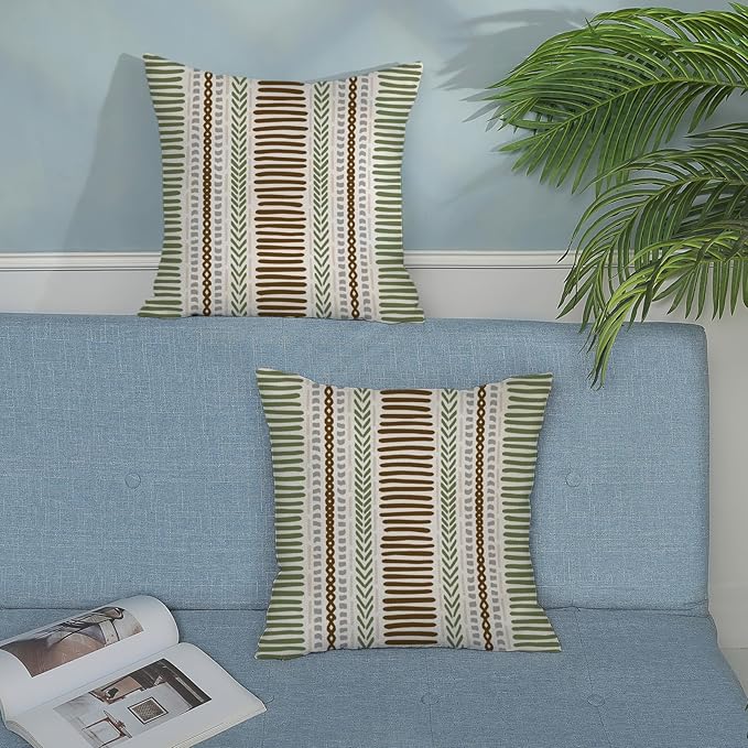 Boho Pillow Covers 18x18 Set of Brown Sage Green Stripes Throw Pillow Covers Outdoor Decoration,Abstract Modern Bohemian Farmhouse Linen Decorative Cushion Cover for Home Sofa Couch