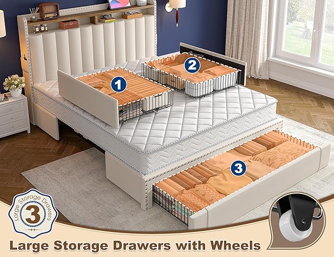 EnHomee Full Size Bed Frame, Upholstered Full Bed Frame with 3 Storage Drawers & 2-Tier Headboard Shelves, 900LBS Heavy Duty, No Box Spring Needed, Easy Assembly, Beige