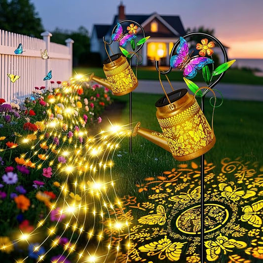 Butterfly Solar Watering Can Lights, Outdoor Waterproof Garden Lanterns with Shepherd Hook, Solar Garden Decor for Yard Outdoor Landscape Pathway Porch Patio, Gift for Women Mom Grandma, 2 Pack