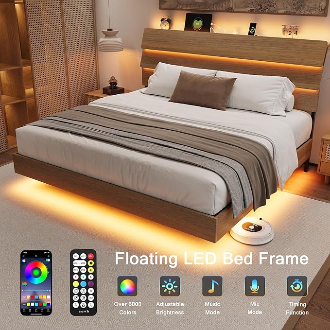 King Size Bed Frame with LED Headboard, Floating Bed Frame with Charging Station USB and V-Shaped Support, No Box Spring Needed, Noise Free, Easy Assembly, Walnut