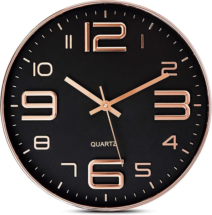 Bernhard Products Black Wall Clock - 12 Inch Rose Gold Silent Non Ticking Quality Quartz Battery Operated Easy to Read Decorative Modern Design for Home/Office/Kitchen/Bedroom/Living Room