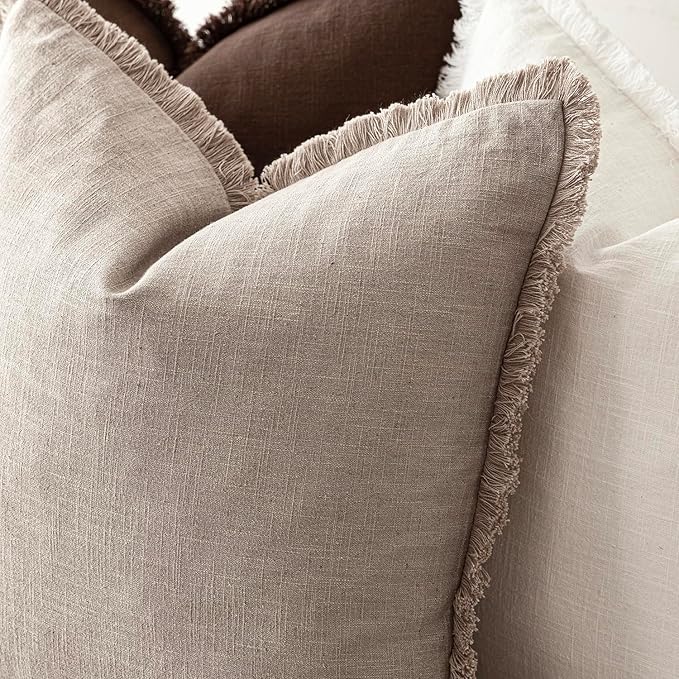 Foindtower Set of 2 Decorative Linen Fringe Throw Pillow Covers Boho Farmhouse Cushion Cover with Tassels Soft Accent Pillowcase for Couch Sofa Bed Living Room Home Decor,26×26 Inch,Natural Linen