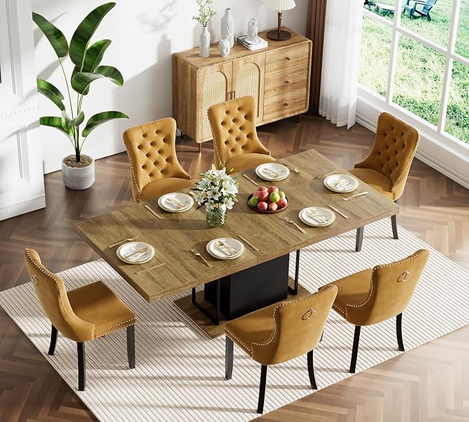 Goujxcy 78.7" Farmhouse Extendable Dining Room Table Set for 6, 7-Piece Rectangle Kitchen Dining Room Table Set with Wood Base and 6 Yellow Velvet Dining Chairs, Extending Kitchen & Dining Table Set
