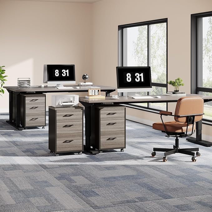 Triebsigns 3 Drawer File Cabinet, Wooden Office Filing Cabinet, Modern Rolling Printer Stand for Home Office, fits A4 or Letter Size, Under Desk (Grey)