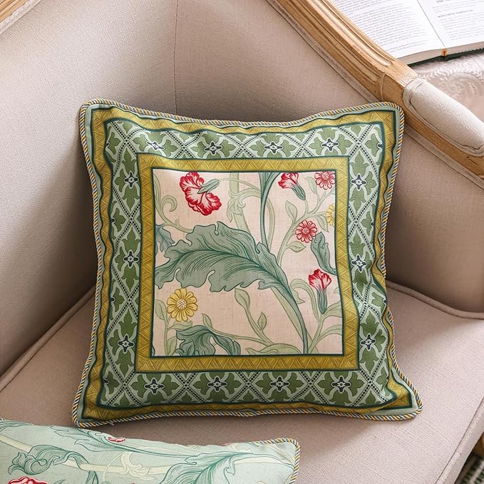 patdrea Designer Pack of 2 Square Throw Pillow Covers,French Vintage Rustic Linen with Green Floral Pattern Pillows Cover,Decorative Pillowcases Cushion for Bed Living Room Outdoor Car,18"x18"