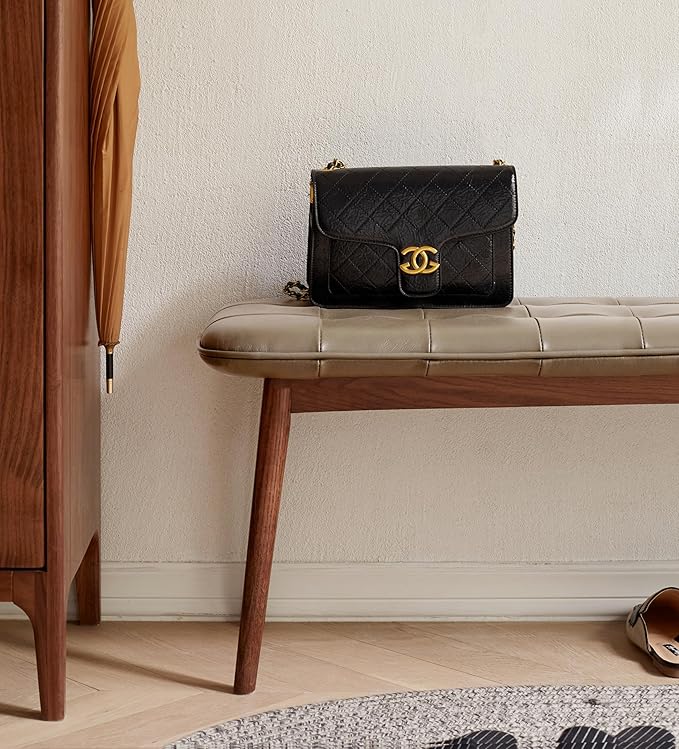 51.2'' Leather Upholstered Dining Bench with 100% Solid Oak Wood Bench Frame, Checkered Stitched Padded Cowhide Bed End Bench Ottoman for Kitchen Living Room Bedroom Entryway, Taupe