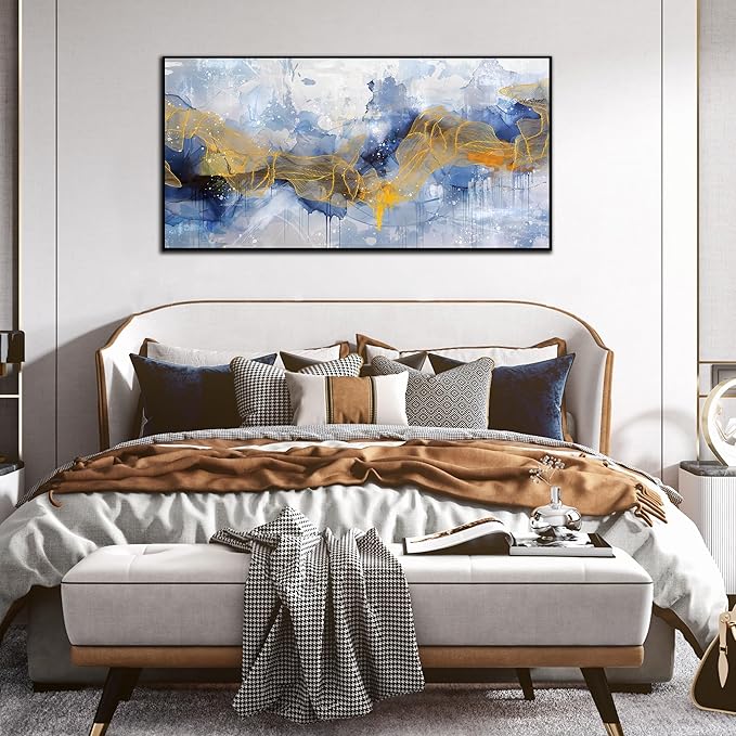 Modern Living Room Wall Art - Blue Canvas Wall Art Abstract -Large Framed Wall Art Ready to Hang Size 29" x 59"