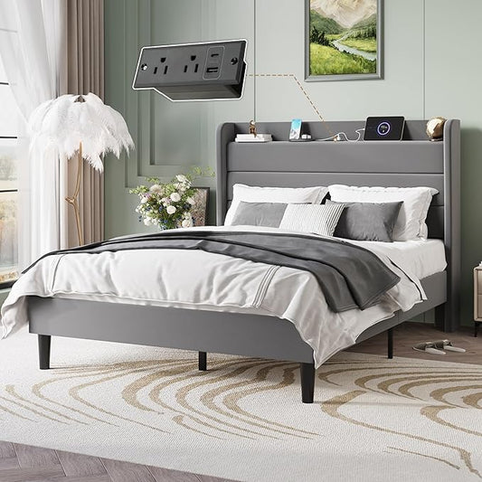 SHA CERLIN Queen Bed Frame with Charging Station, Velvet Upholstered Platform Bed, Wingback Storage Headboard, Type-C & USB Ports, Strong Wooden Slats, No Box Spring Needed, Easy Assembly, Grey