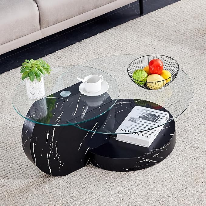 Glass Coffee Table, Modern Round Glass Coffee Table with Wooden Base, 3 Tier Round Coffee Table, Clear Cocktail Table with Storage for Living Room, Office, Balcony, Black