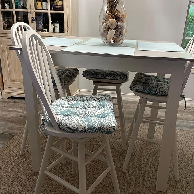 Barnett Home Decor Ariel Fan Coral Dining Chair Pad with Ties - Latex Foam Fill - 100% Cotton, Made in USA - Machine Washable, Reversible (Aqua)