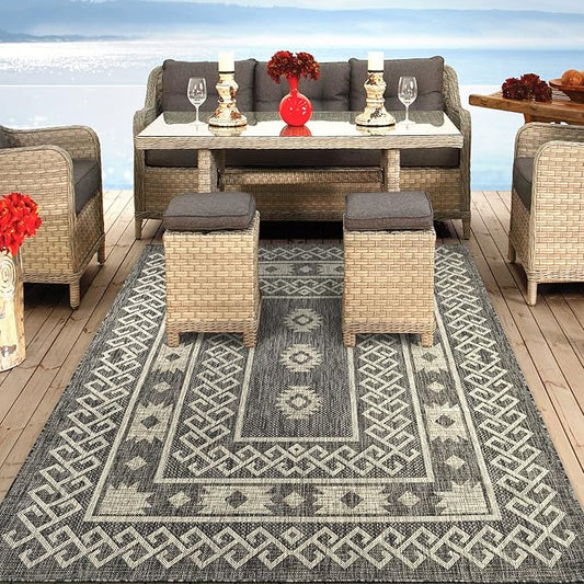 Antep Rugs Patio 8x10 Outdoor/Indoor Southwest Aztec Native Area Rug (Gray, 7'10" x 10')