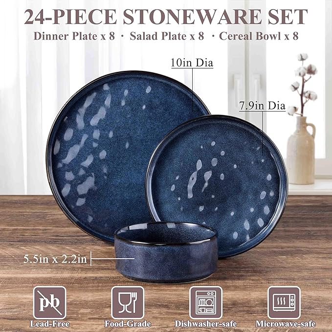 Herogo 24 Pieces Dinnerware Sets for 8, Plates and Bowls Sets for Home Serving, Stoneware Dinning Dishes, Dishwasher & Microwave Safe, Starry Blue