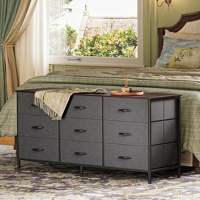 Huuger 9 Drawer Dresser for Bedroom, 47 Inch Dresser TV Stand for 50, 55 Inch TV, Entertainment Center for Bedroom, Fabric Storage with Drawer, Closet, Dark Grey