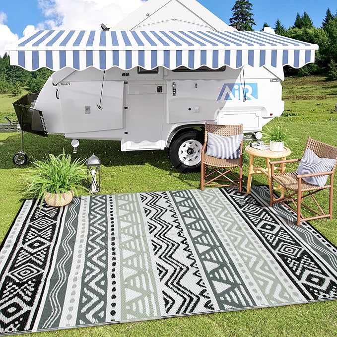 Lahome Outdoor Rug 8x10 Patio Waterproof, Reversible Outdoor Plastic Straw Rug for Camping, RV Patio Rugs Outside Large Carpet for Porch Deck Backyard Picnic(Grey/Black,8'x 10')