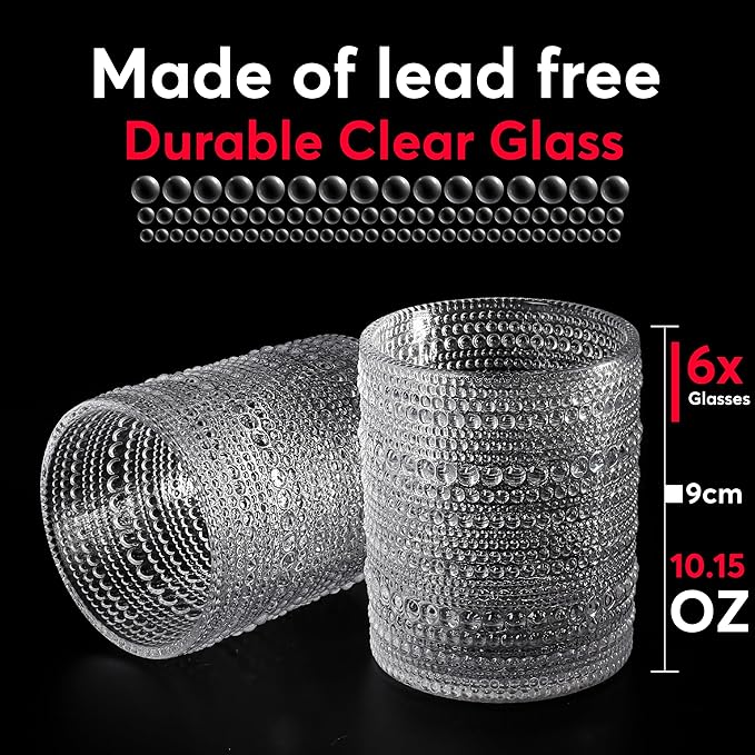 Hobnail Drinking Glasses, Vintage Glassware Set of 6, Vintage Drinking Glasses 11.75 oz, Bubble Glasses Drinking, Hobnail Glasses, Vintage Glass Cups, Jupiter Glasses for Juice, Soda, Beer, Whisky