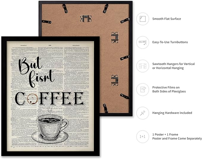 Poster Master Dictionary Art Poster - But First Coffee Print - Cafe Art - Gift for Men, Women, Coffee Lovers & Barista - Funny Decor for Kitchen, Restaurant or Dining Room, 8x10 Black Framed