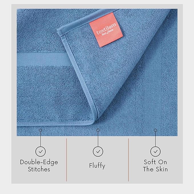 TEXTILOM Luxury 2 Pack Banded Cotton Bath Mats for Bathroom Floor [ Hotel, Spa, Tub, Shower Bath Mat Floor Towel Set ], Machine Washable & Soft & Absorbent & Quick Dry (20''x34'')- Blue