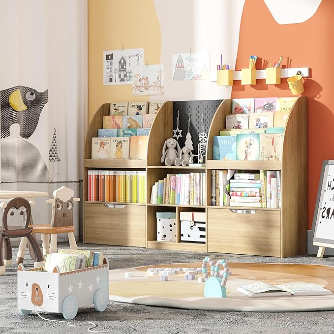 Toy Storage Organizer, Kids Book Shelf and Toy Organizer, 67" Toy Organizers and Storage with Movable Drawers, Playroom Organization and Kids Reading Nook with 5 Storage Cubbies, Natral Wood