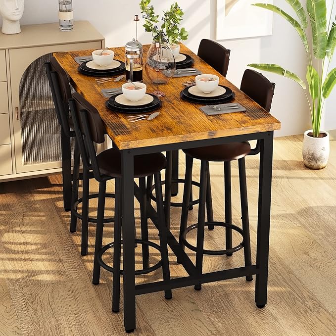 Lamerge Dining Table Set for 4 Bar Table and Chairs Set Industrial Counter Height Dining Table Set with 4 PU Upholstered Stools Kitchen Pub Table for Kitchen, Restaurant, Space Saving, Rustic Brown