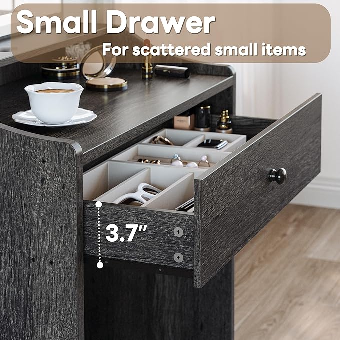 LIKIMIO Small Makeup Vanity Desk with Mirror and Lights, Vanity Table Set with Storage Drawer, Chair and Three Shelves, Bedroom, Charcoal Grey