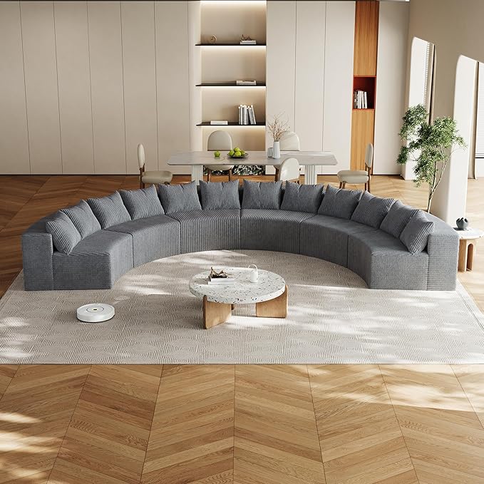 KEIKI 6 Seater Corduroy Curved Sectional Sofa, Symmetrical Modular Semi Circular Couch, Deep Seat Tufted Corner Sofa for Living Room, Lobby, Gray