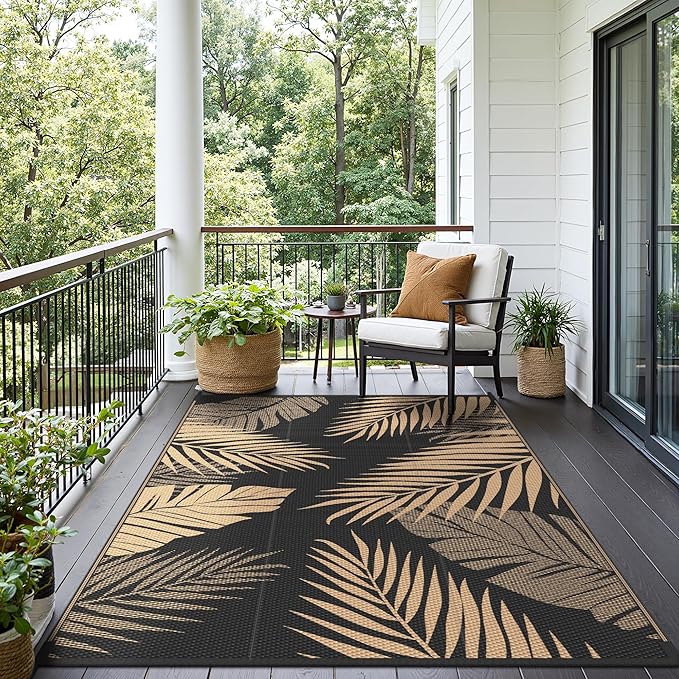 Outdoor Rug 5’x8’ Waterproof for Patio Clearance, Reversible Indoor Outdoor Plastic Straw Camping Rug Carpet, RV Mat, Large Area Rug for Deck, Backyard, Balcony, Porch, Beach, Black & Brown