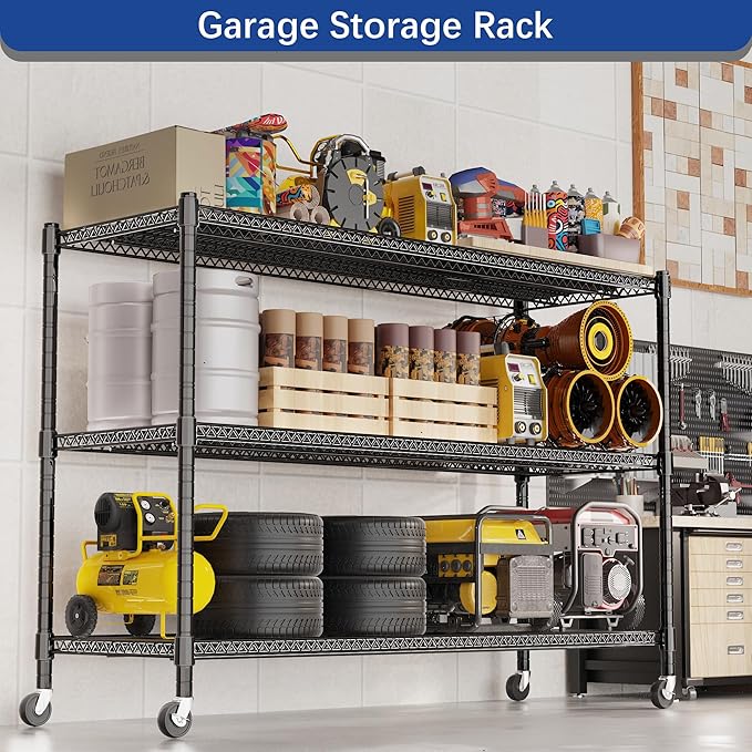 REGILLER 3-Wire Shelf Adjustable Heavy Duty Storage Shelves,Metal Organizer Wire Rack for Laundry Bathroom Kitchen Pantry Closet Garage Shelving with Wheel(Black,24" Dx59.6 Wx47.6 H)