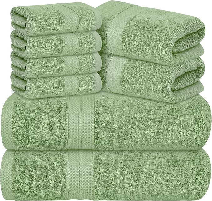 Avalon Towels Luxury 8 Piece Towels Set, 2 Bath Towels, 2 Hand Towels and 4 Washcloths, 600 GSM 100% Ring Spun Cotton Highly Absorbent Bathroom Towel Set, Ideal for Hotel, Spa and Gym (Sage Green)