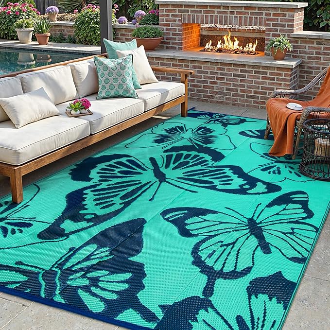 Beeiva Butterfly 6x9 Outdoor Rugs for Patios, Reversible Plastic Patio Rugs Outdoor Waterproof 6 x 9, Outdoor Rug Waterproof for Picnic Backyard Balcony Porch Beach Camping Deck - Teal