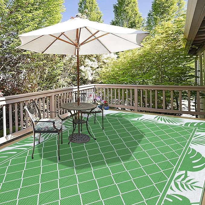 Ileading Outdoor Rug Carpet for Patio 9'x12' Waterproof Reversible Plastic Straw Rug Portable Outside Area Rug Camping Mat for Patio, Clearance, Balcony, Picnic, Pool, Beach, RV, Deck, Green