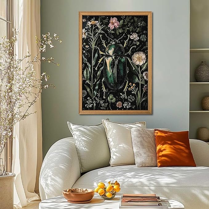 Framed Vintage 3D Textured Wall Art - Gothic Dark College Beetle Wall Decor - Hand Drawn Sandstone Nature Botanical Pictures for Living Room Bedroom Home Decor 24x36in