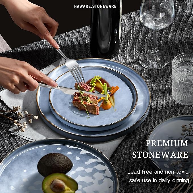 HaWare Dinnerware Sets, 12-Piece Plates and Bowls Set, Stoneware Dish Set for 4, Ceramic Dinnerware for Home Restaurant, Chip and Scratch Resistant, Microwave and Dishwasher Safe, Reactive Blue