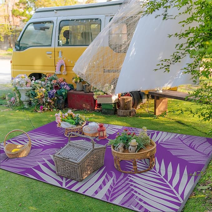 GENIMO Outdoor Rug 6' x 9' Waterproof for Patios Clearance, Reversible Plastic Straw Camping Carpet, Large Area Rugs Mats for RV, Picnic, Backyard, Deck, Balcony, Porch, Beach, Purple&Grey