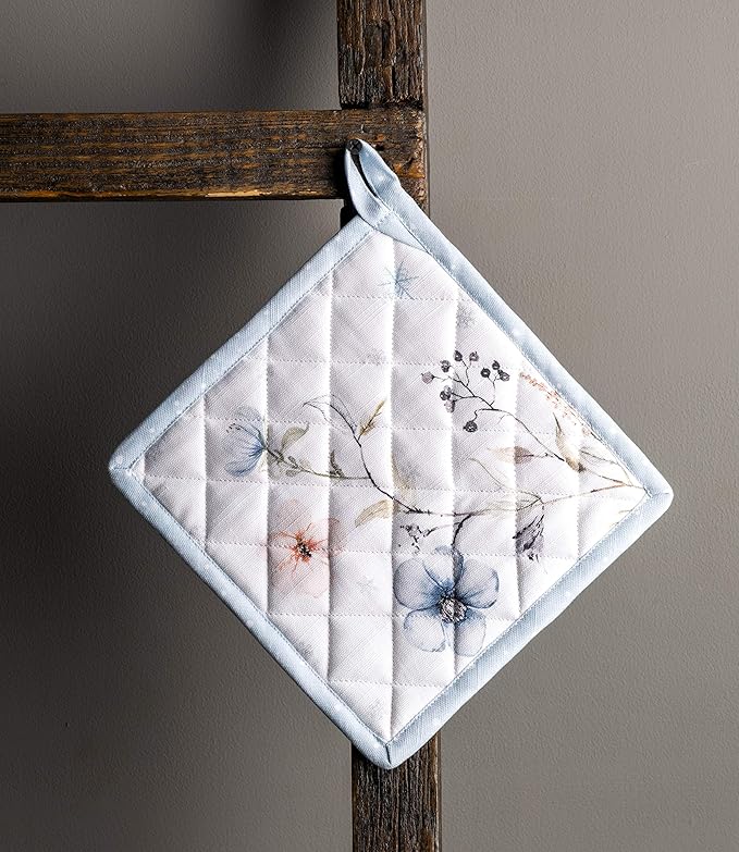 Maison d' Hermine Pot Holders Set 100% Cotton Heat Resistant Potholders 8" x 8" Hot Pads with Loop for Thanksgiving Christmas Decorations BBQ Cooking Baking Handling Hot Pans (Pack of 2, Ice Florals)