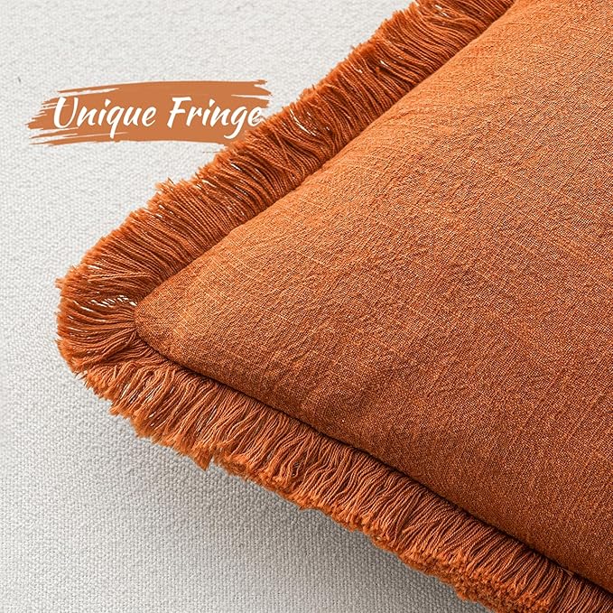 MIULEE Decorative Lumbar Throw Pillow Covers Neutral Linen Fringe Throw Pillows Set of 2 Orange Boho Farmhouse Cushion Covers with Tassels for Couch Sofa Bed Living Room Spring Home Decor 12x20 Inch