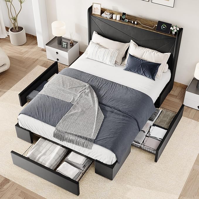 Allewie Queen Size Velvet Bed Frame with 3 Storage Drawers, Upholstered Platform Bed with Wingback Storage Headboard and USB Ports, No Box Spring Needed, Easy Assembly, Black