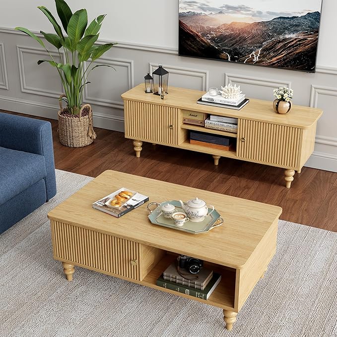 Mid-Century Modern Coffee Table, Wooden Fluted Entertainment Center with Open Storage Shelf, Rustic Living Room Furniture for Home & Office, Natural Oak