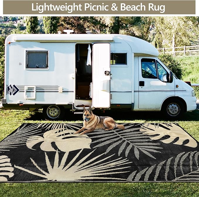 Waterproof Outdoor Rug 8x10 ft, Reversible Plastic Straw Mat with Leaf Pattern, Large Floor Mat for Patio, Camping, Picnic, Backyard RV, Deck, Black