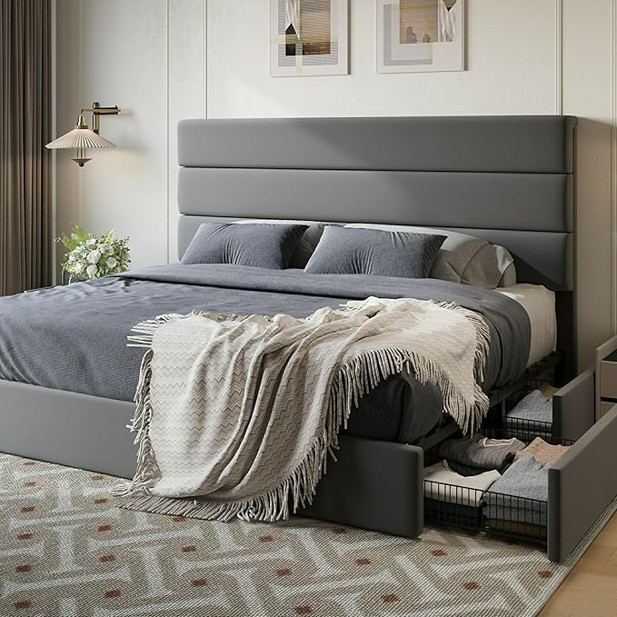 SHA CERLIN King Size Platform Bed Frame with 4 Storage Drawers, Velvet Upholstered Headboard, Mattress Foundation with Wooden Slats Support, No Box Spring Needed, Easy Assembly, Grey